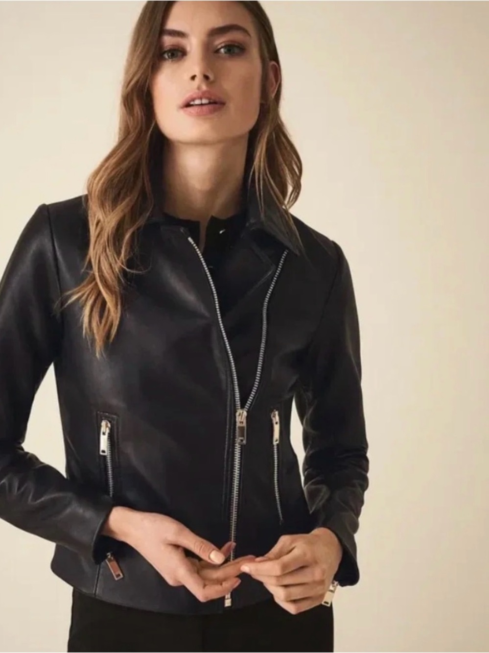 Reiss Blair Leather Moto Jacket Black Size XSmall
